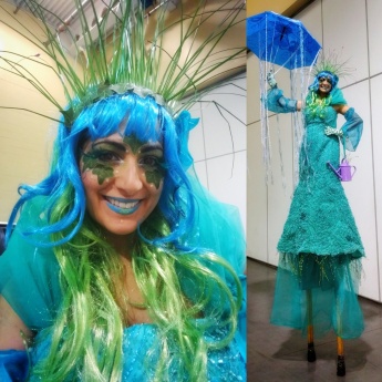 Stiltwalker Toronto Hala on stilts spring rain goddess green costume 2017 entertainment
