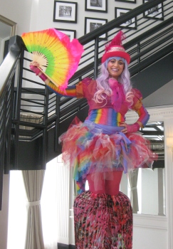 Hala on stilts performer entertainer stiltwalker pink rainbow circus Markham Toronto GTA Nov 2016