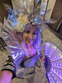 Hala on Stilts Cosmic Chrome Silver costume Toronto Stiltwalker